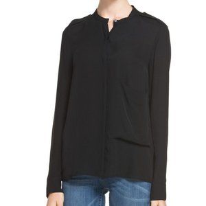 THEORY Brindan Double GGT Black Silk Asymmetrical Long Sleeve Blouse Shirt